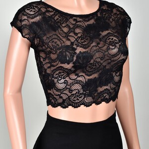 Black Stretch Lace Crop Top XS S M L 0X XL 2XL 3XL plus size goth gothic sheer see through shirt cap sleeve / great for layering image 3