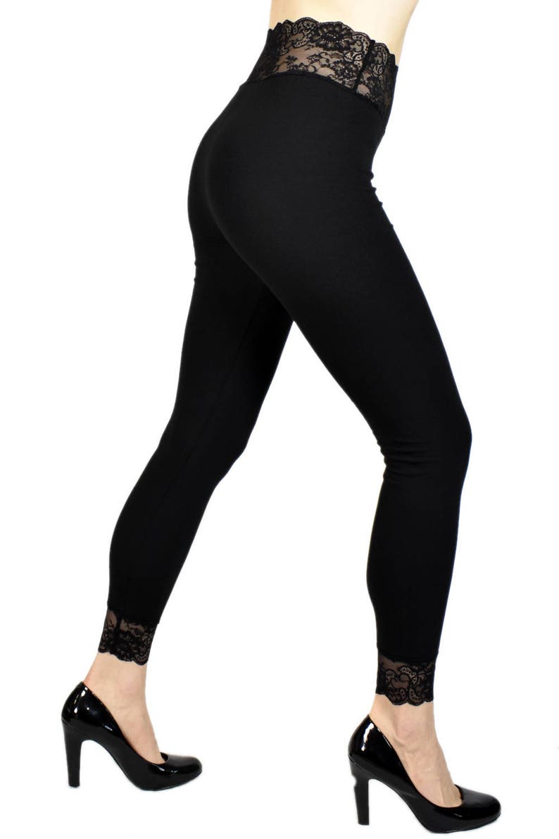Black Cotton Spandex Lacewaist Leggings XS S M L XL 2XL 3XL Etsy