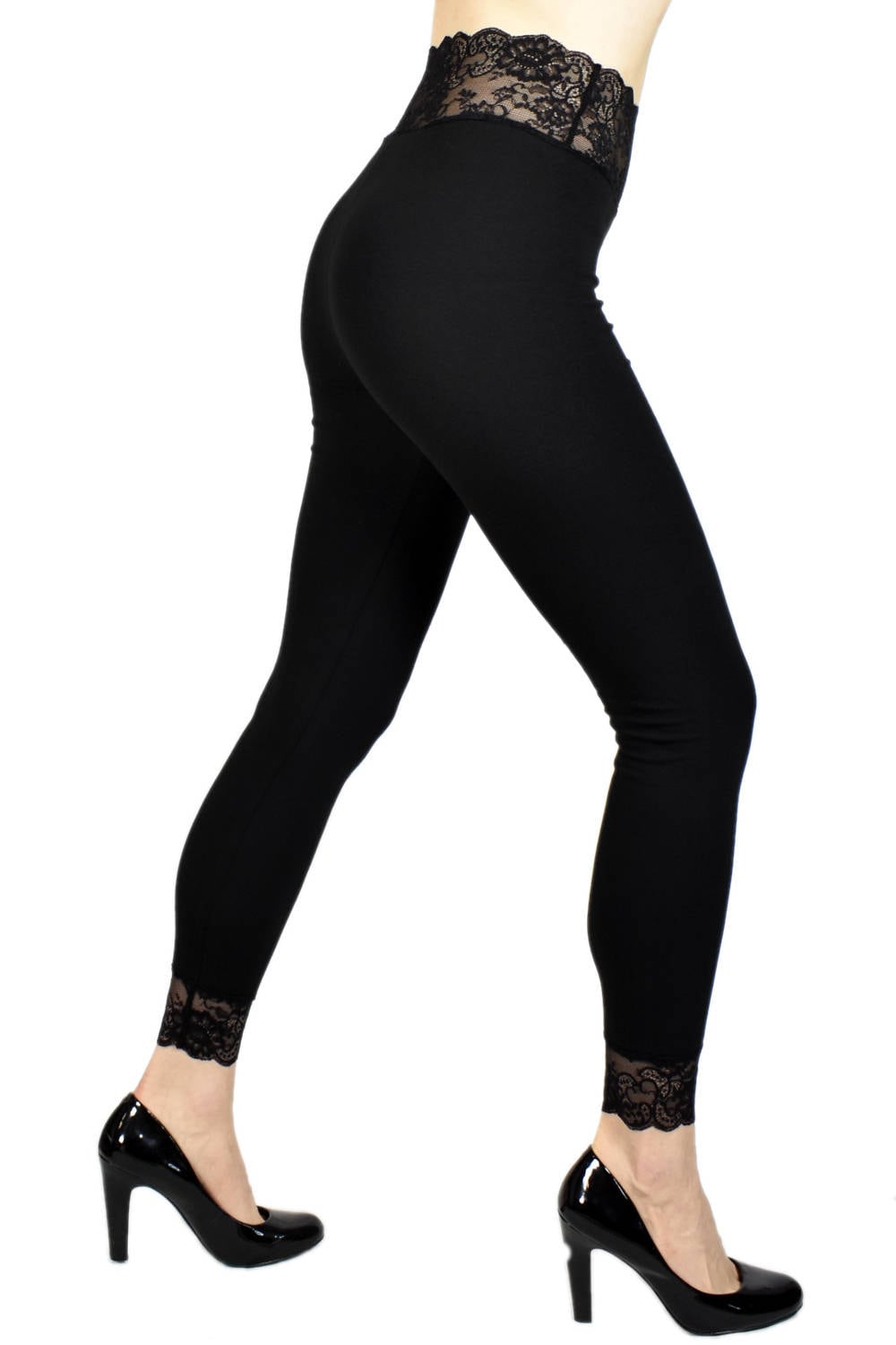 Black Cotton Spandex Lace-waist Leggings XS S M L XL 2XL 3XL 4XL Plus Size  Stretch High Waist High-waisted With Black Lace Trim Goth Gothic 