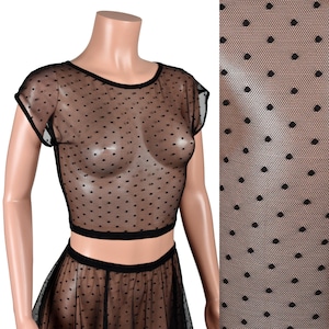 Sheer Black Polka Dot Mesh Crop Top stretch net XS S M L 0X XL 2XL 3XL plus size gothic see through shirt cap sleeve layering top lingerie