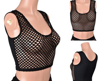 Versandfertig: Größe S Schwarz Fischnetz Front Cropped Tank Top weites Netz cabaret schiere Stretch ärmelloses durchsichtiges Shirt Nylon Spandex