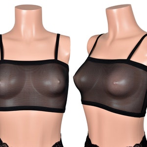 Black Mesh Spaghetti Strap Bandeau Top plus size xs s m l xl 2xl 3xl sheer stretch cropped sleeveless see-through lingerie swim cover-up