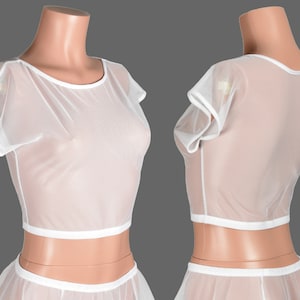 White Stretch Mesh Crop Top XS S M L 0X XL 2XL 3XL plus size sheer see through shirt cap sleeve, layering, lingerie, swim cover-up