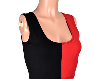 Black and Red Cropped Tank Top cotton spandex XS S M L XL 2X 3X plus size harlequin Halloween costume cosplay sleeveless stretch scoop neck