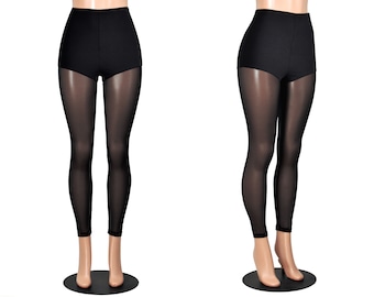 High-Waisted Black Cotton and Mesh Leggings XS S M L XL 2XL 3XL stretch plus size | sheer see through leg | cotton spandex | seamed tights