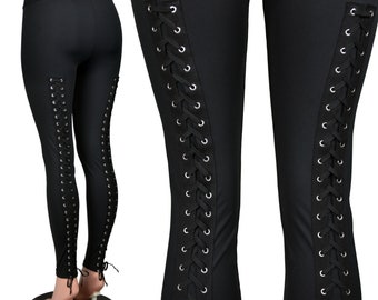 Leggings con lacci posteriori XS S M L XL 2XL 3XL più pantaloni corsetto goth in nylon spandex atletico nero a vita alta elasticizzati / Cucitura interna 26/28/30/32 pollici
