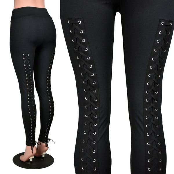 Zurück Schnür-Leggings XS S M L XL 2xl 3xl plus schwarz sportlich Poly Spandex Gothic Korsett Hose high-waist Stretch | Schrittlänge 66/28/30/32 zoll