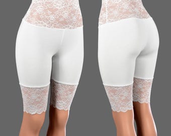 Knee Length Wide Waistband White Stretch Lace Shorts XS S M L XL 2XL 3XL 4XL plus size cotton spandex high waist long undershorts wedding