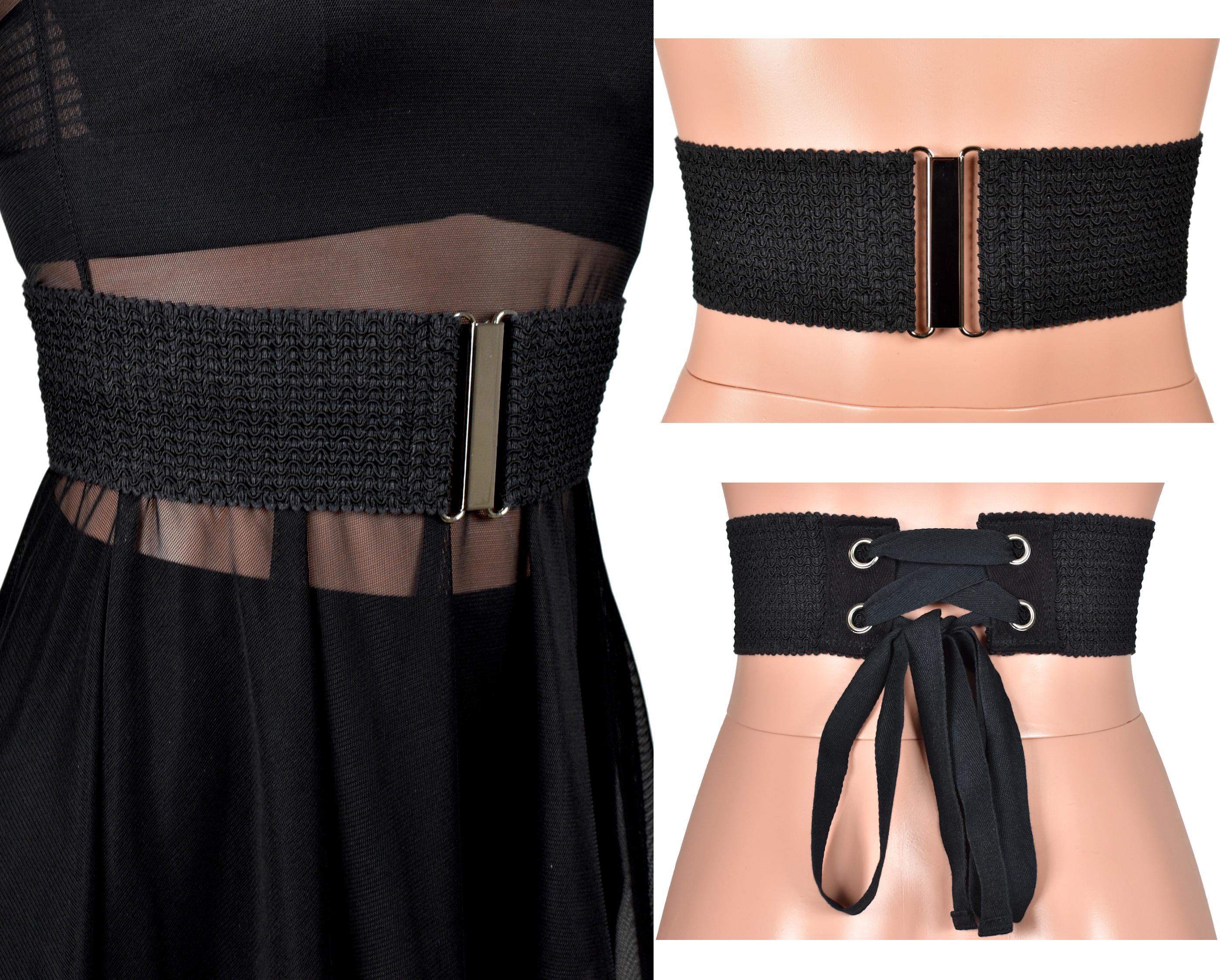 Lace-up Grommet Black Elastic Waist Belt + Flat Silver 
