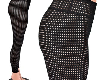 Czarne, prześwitujące legginsy z siateczki Spandex Dot w kropki XS S M L XL 2xl 3xl plus size, elastyczne, z wysokim stanem, wytrzymałe rajstopy, punkowe, gotyckie, prześwitujące spodnie