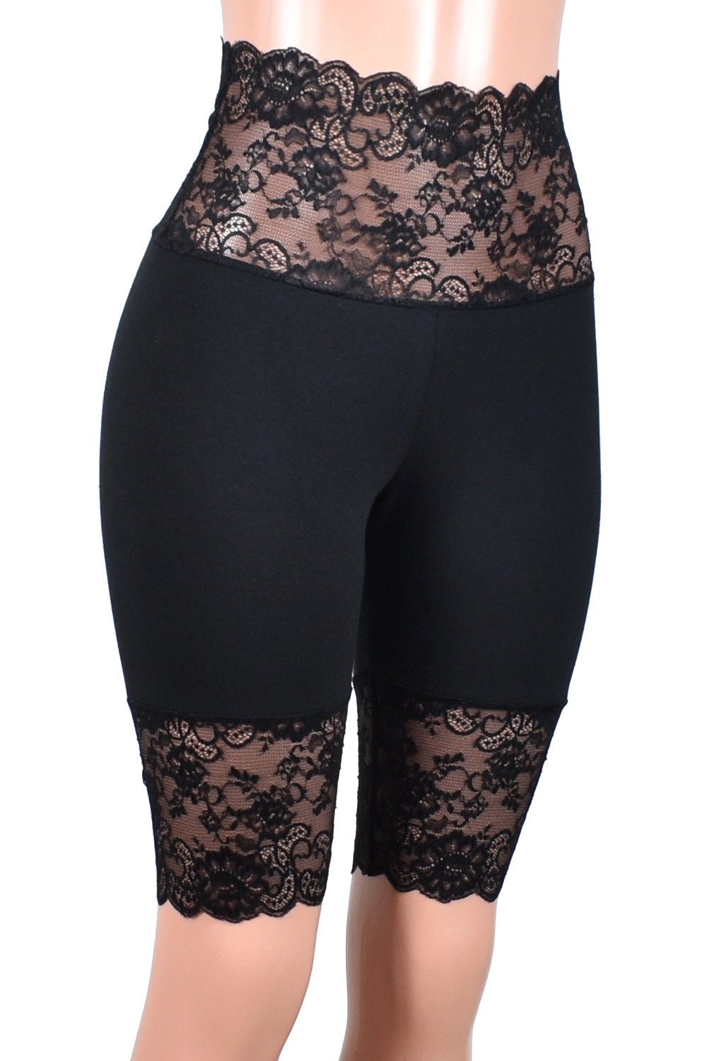 Knee Length Wide Waistband Black Stretch Lace Shorts XS S M L XL
