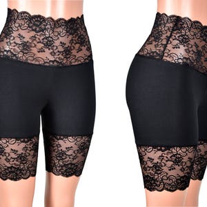 Wide Waistband Black Stretch Lace Shorts high-waisted plus size bike shorts XS S M L XL 2X 3X 4X safety short anti chafe shortie cotton goth