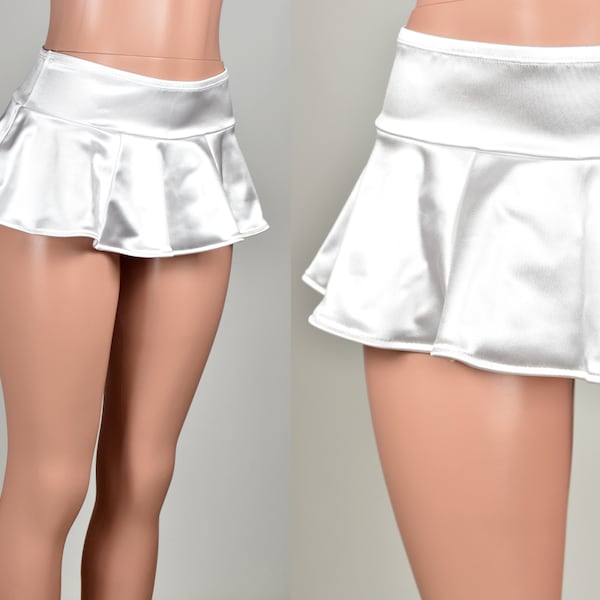 White Stretch Satin Micro Mini Skirt XS S M L xl 2xl 3xl lingerie plus size short wide waistband flared circle skirt spandex