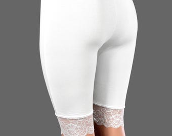 Knee Length High-waisted White Stretch Lace Shorts XS S M L