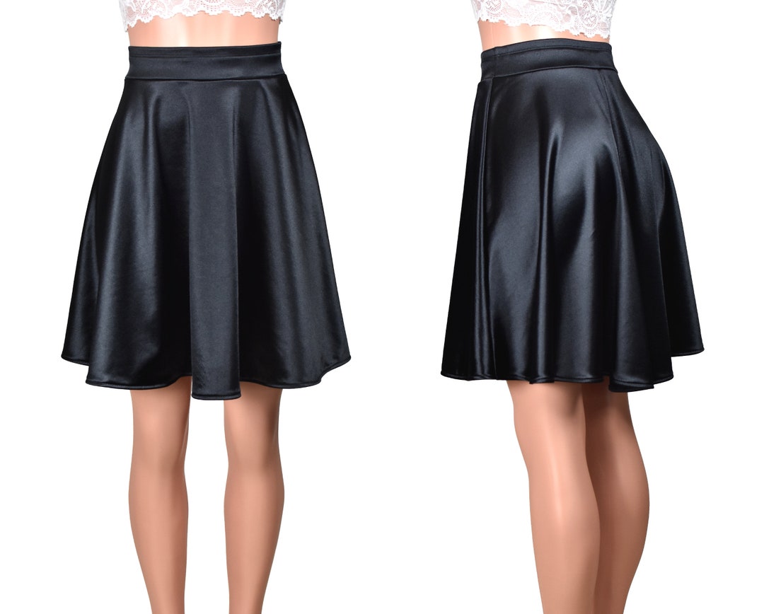 Black Stretch Satin Flared Skirt knee Length Plus Size XS S M L XL 2XL ...