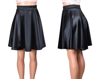 Black Stretch Satin Flared Skirt (knee length) plus size XS S M L XL 2XL 3XL 4XL high-waisted swing skirt retro vintage-inspired