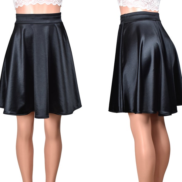 Black Stretch Satin Flared Skirt (knee length) plus size XS S M L XL 2XL 3XL 4XL high-waisted swing skirt retro vintage-inspired