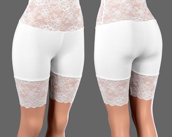 Wide Waistband White Stretch Lace Shorts XS S M L XL 2XL 3XL plus size high-waisted cotton spandex lace trim bike short undershort wedding
