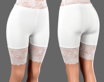 High-Waisted White Stretch Lace Shorts (8.5&quot; Inseam) XS S M L XL 2XL 3XL 4XL plus size cotton spandex bike shorts lace trim undershorts