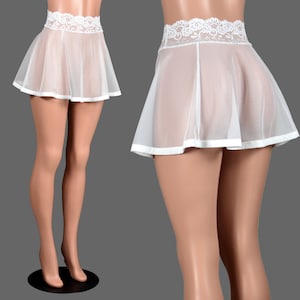 White Mesh Lace Waistband Skirt (14&quot; length) size XS S M L 2XL 3XL 4XL plus size stretch sheer see-through net lingerie flared mini cover-up