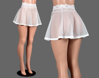 Gonna in pizzo a rete bianca con cinturino (lunghezza 14") taglia XS S M L 2XL 3XL 4XL taglie forti, mini copricostume svasato in rete trasparente elasticizzata