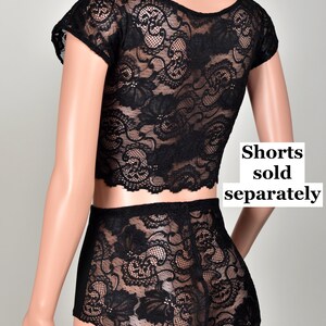 Black Stretch Lace Crop Top XS S M L 0X XL 2XL 3XL plus size goth gothic sheer see through shirt cap sleeve / great for layering image 5