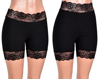 2.5" High-Waisted or Low-Waisted Black Stretch Lace Shorts XS S M L XL 2XL 3XL 4X plus size bike shorts Lace Trim goth high waist anti chafe