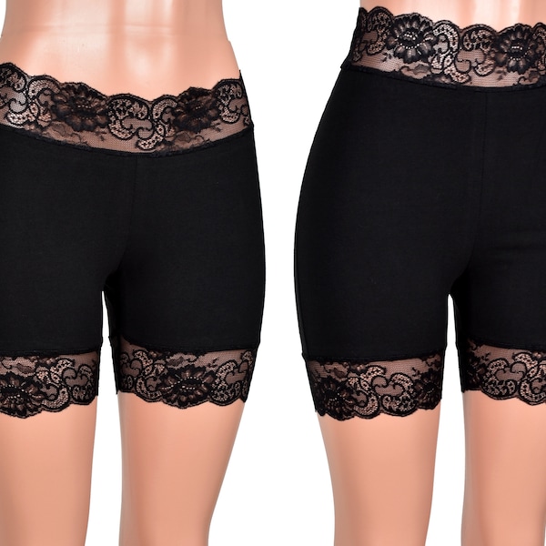 2.5" High-Waisted or Low-Waisted Black Stretch Lace Shorts XS S M L XL 2XL 3XL 4X plus size bike shorts Lace Trim goth high waist anti chafe