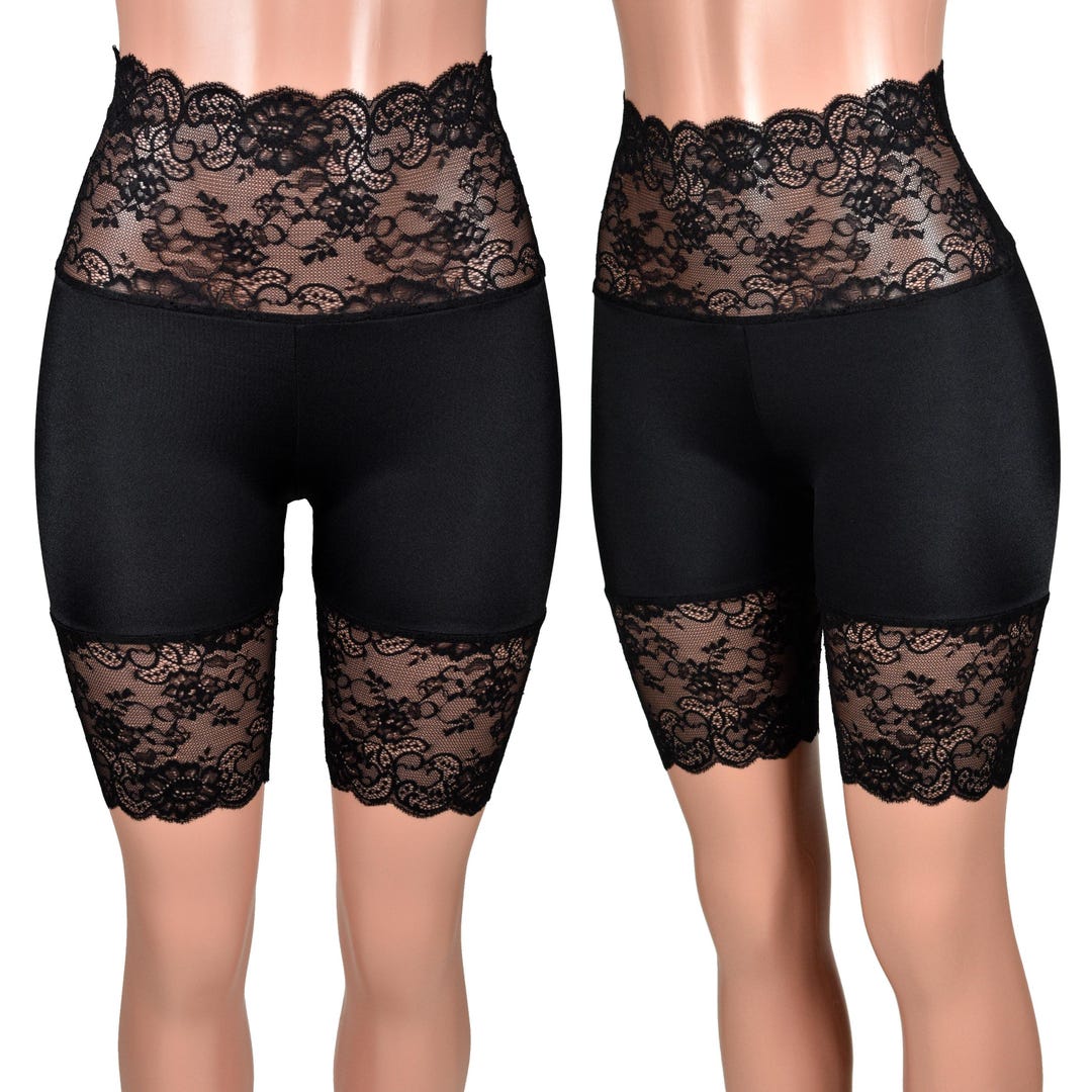 Shiny Spandex Wide Waistband Black Stretch Lace Shorts (8.5