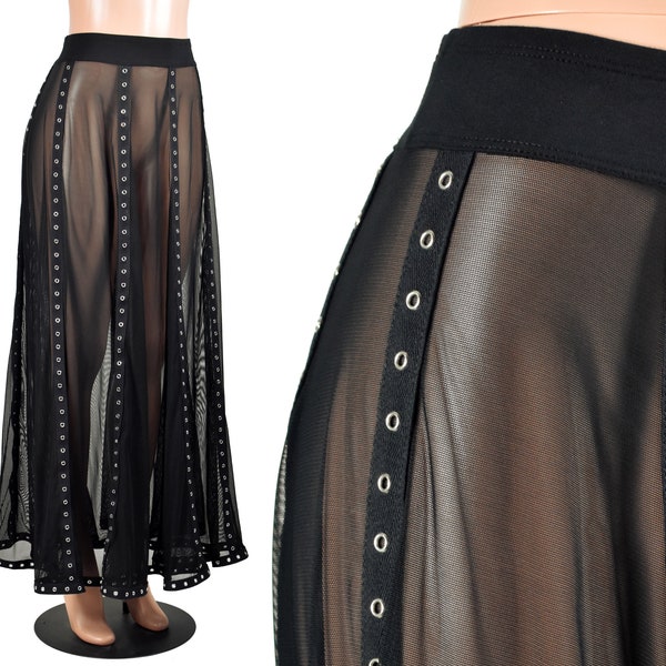 Sheer Black Mesh and Metal Grommet Maxi Skirt size XS S M L XL 2XL 3xl plus size lingerie flared stretch fabric 41" long gothic see through