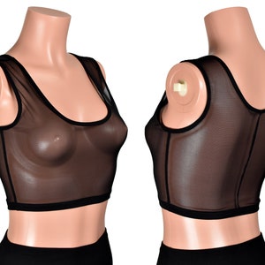Canotta corta in rete nera taglie forti xs s m l xl 2xl 3xl camicia trasparente senza maniche elasticizzata trasparente / copricostume da bagno / scollo rotondo / spandex