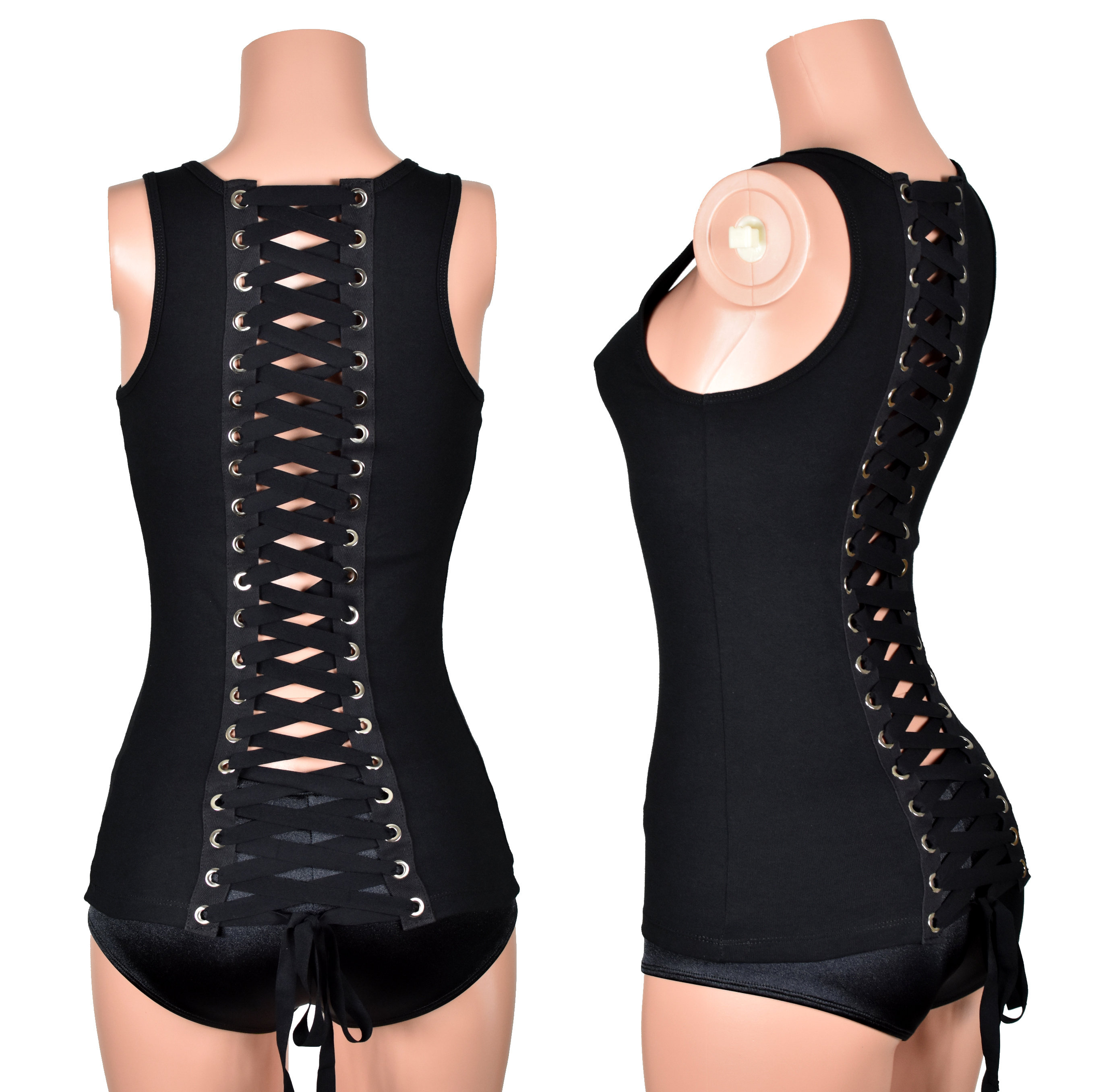 Black Lace-up Back Extra Long Tank Top XS S M L 0X XL Corset