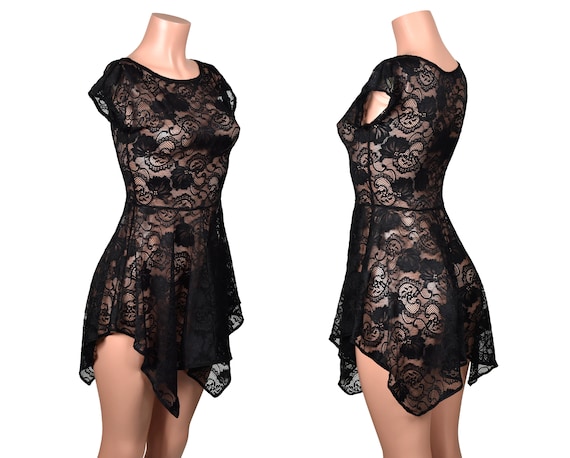 Black Stretch Lace Zig Zag Hem Dress XS S M L 0X XL 2XL 3XL plus size mini goth gothic sheer see through top cap sleeve / great for layering