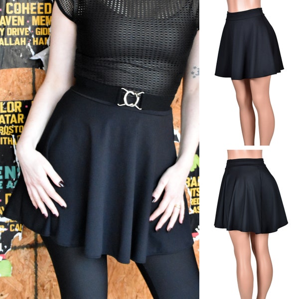 Black Poly/Spandex Skater Skirt (mini length) plus size XS S M L XL 2XL 3XL high-waisted stretch fit and flare gothic retro vintage-inspired