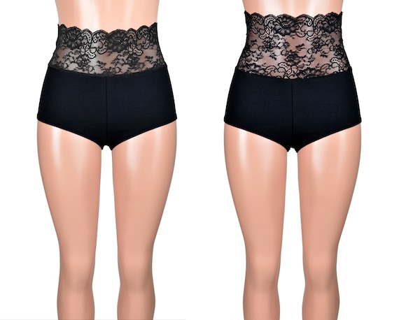 High-waisted Black Cotton and Lace Booty Shorts XS S M L XL 2XL