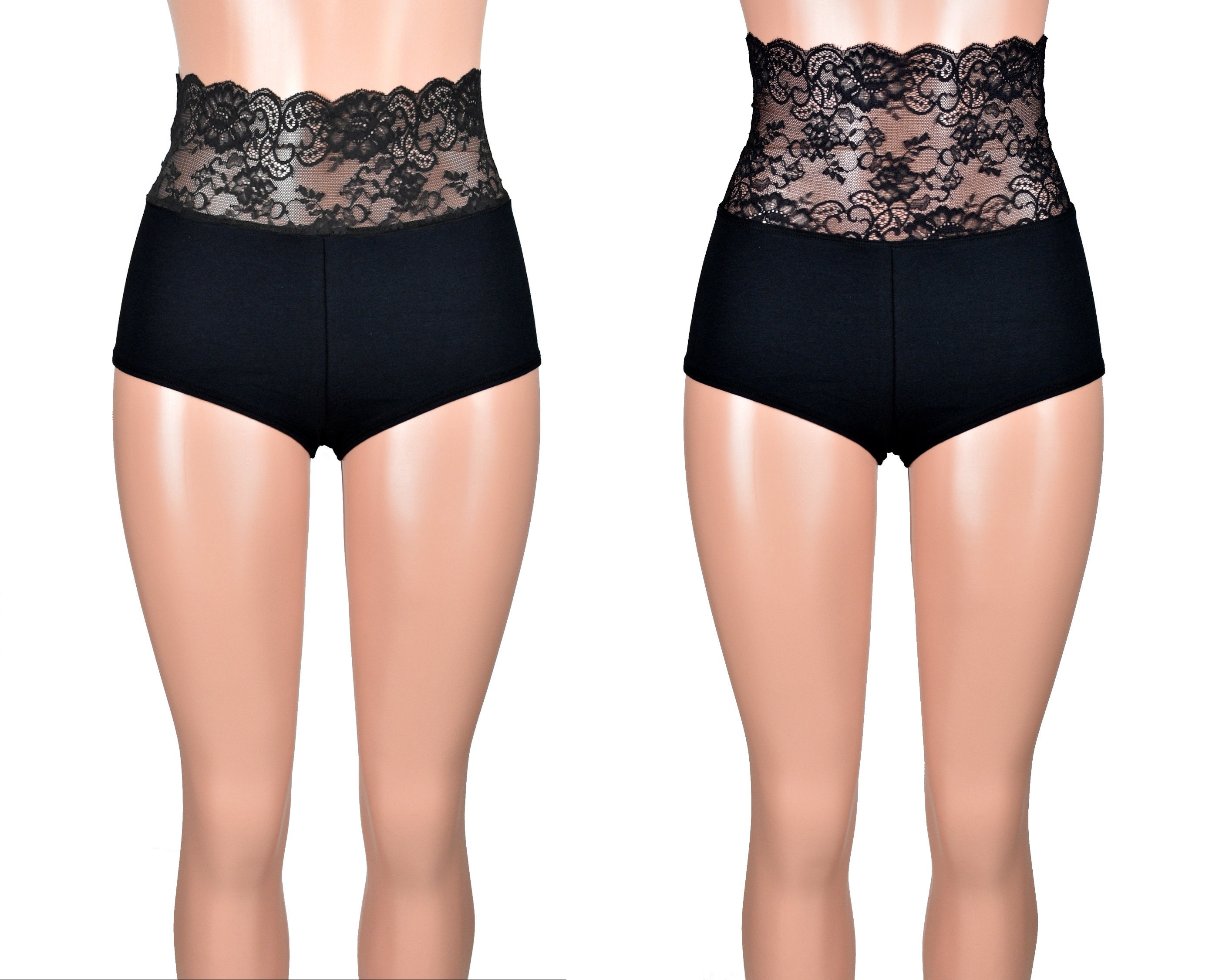 Buy High-waisted Black Cotton and Lace Booty Shorts XS S M L XL 2XL 3XL Plus  Size Stretch Hot Pants Short High Rise Underwear Undies Matte Online in  India 
