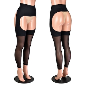 May include: Black high-waisted leggings featuring a cut-out design at the hips and thighs. The garment includes opaque black fabric at the waist and upper thighs, transitioning into sheer black mesh material that extends down to the ankles.