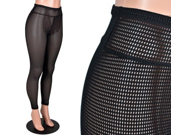 Sheer Black Grid Mesh Leggings XS S M L XL 2xl 3xl plus size stretch net high-waist durable tights punk goth pants nylon lycra