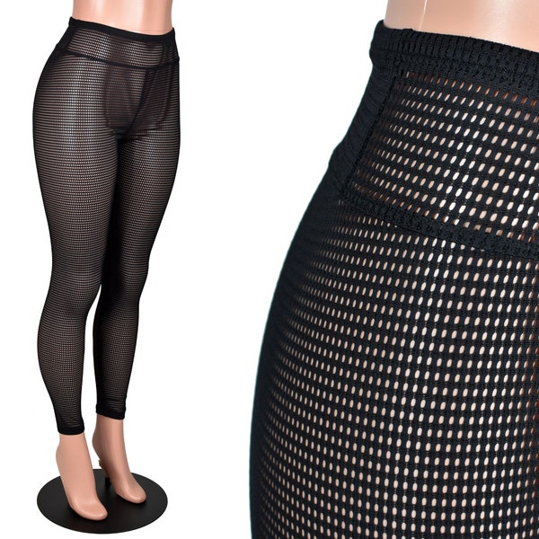 Sheer Black Grid Mesh Leggings XS S M L XL 2xl 3xl plus size stretch net high-waist durable tights punk goth pants nylon lycra