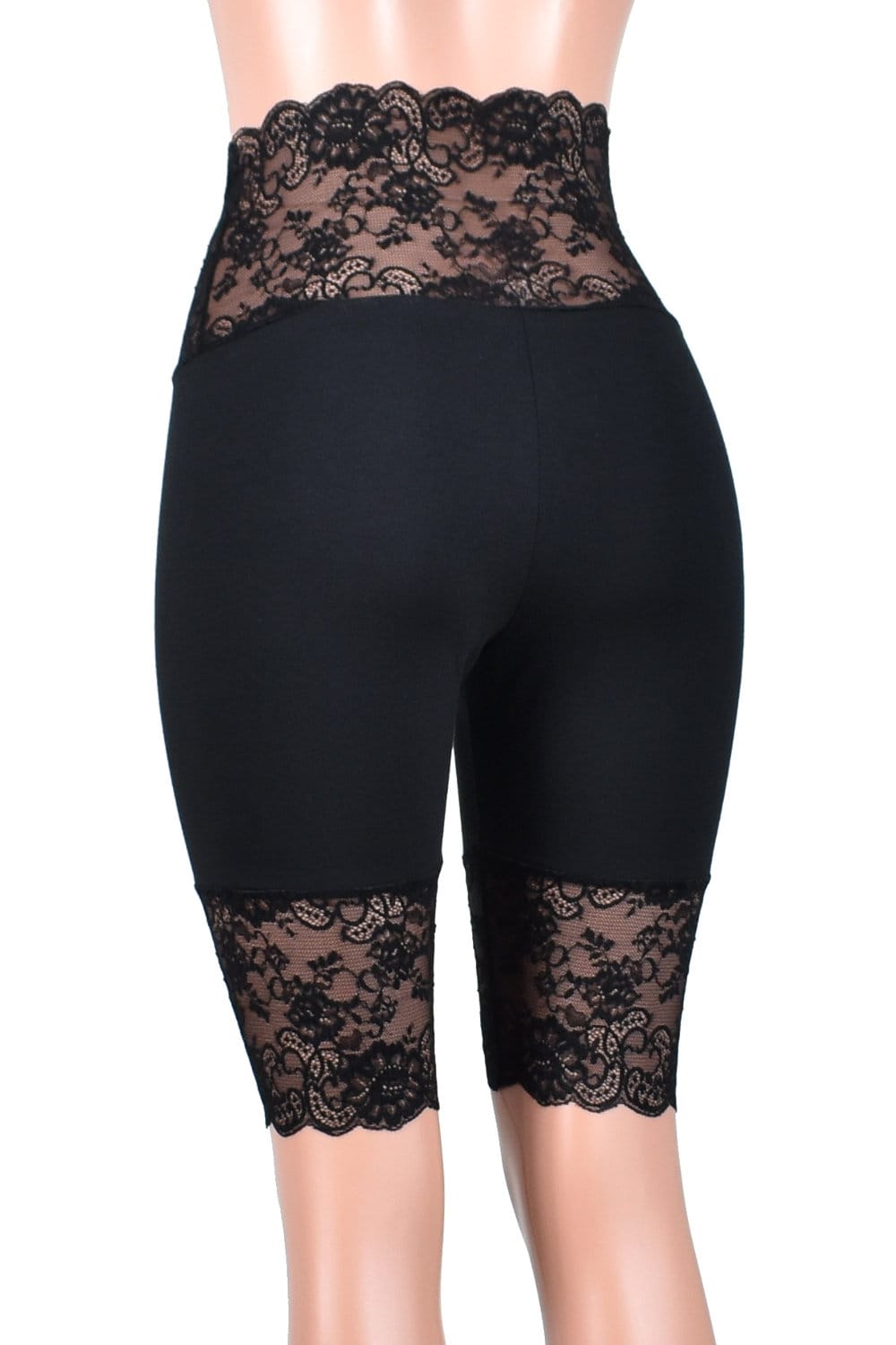 Knee Length Wide Waistband Black Stretch Lace Shorts XS S M L XL