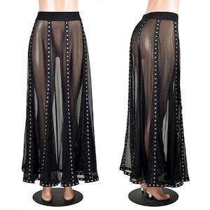 Sheer Black Mesh and Metal Grommet Maxi Skirt size XS S M L XL 2XL 3xl plus size lingerie flared stretch fabric 41&quot; long gothic see through