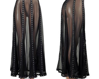 Sheer Black Mesh and Metal Grommet Maxi Skirt size XS S M L XL 2XL 3xl plus size lingerie flared stretch fabric 41" long gothic see through