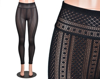 Sheer Black Vertical Stripe Pattern Leggings XS S M L XL 2xl 3xl plus size see-through stretch high-waist durable tights poly spandex gothic