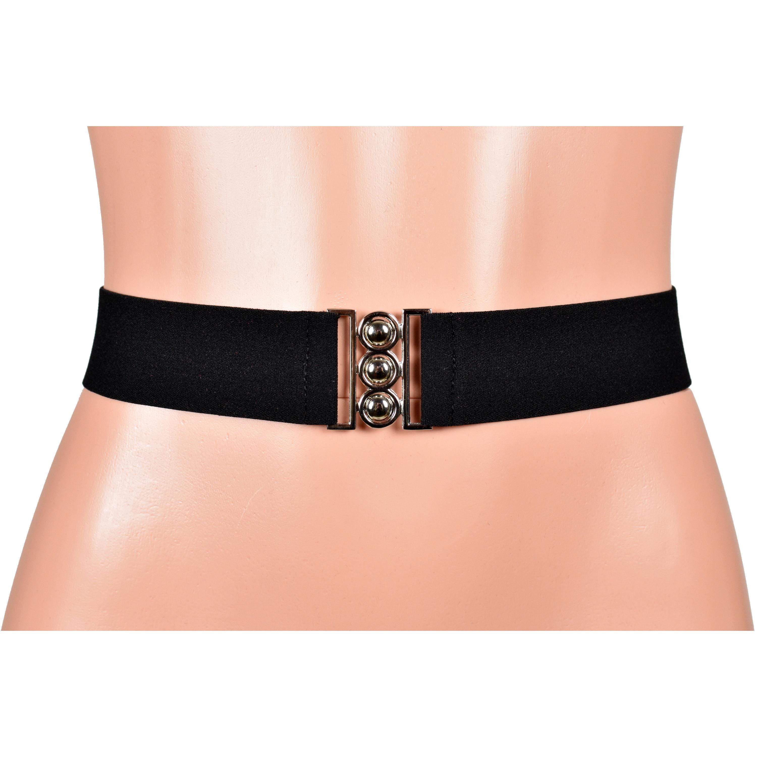 Black Elastic Waist Belt With Retro Circles Silver Buckle 