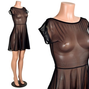 Sheer Black Mesh Skater Dress XS S M L 0X XL 2XL 3XL plus size goth gothic see through stretch spandex cap sleeve / great for layering