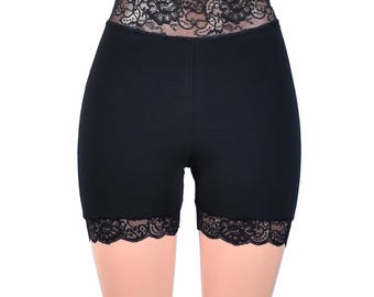 High-Waisted Black Stretch Lace Shorts (4" inseam extra short length) XS S M L XL 2X 3X plus size cotton spandex high rise goth bike shorts
