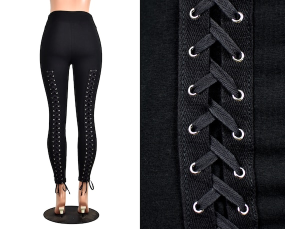 SALE Size Medium Petite 26 Inseam Back Lace up Leggings ready to Ship Black Athletic Poly Spandex Goth Corset Pants High waist Stretch Etsy