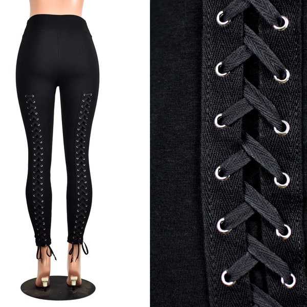 SALE: Size Medium petite 26" inseam Back Lace-Up Leggings (ready to ship) black athletic poly spandex goth corset pants high-waist stretch