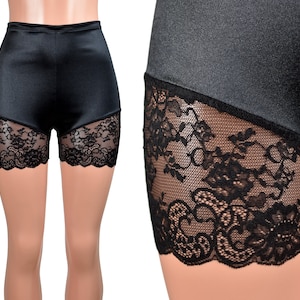 High-Waisted Black Satin Lace Leg Shorts (3.5&quot; inseam) XS S M L XL 2XL 3XL plus size lingerie stretch lace trim short undershorts gothic