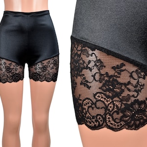 High-waisted Black Satin Lace Leg Shorts 3.5 Inseam XS S M L XL